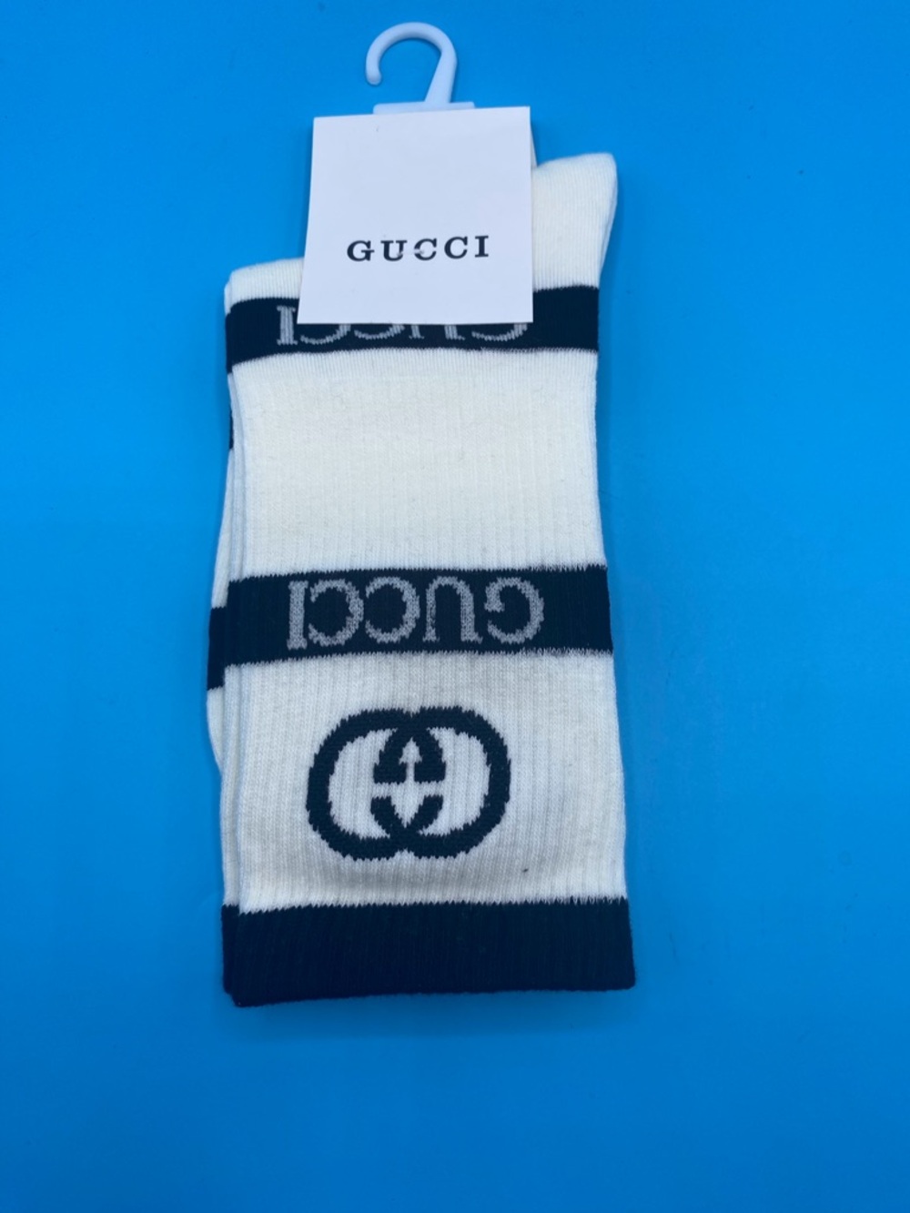 White and Black Logo Ribbed Crew Socks